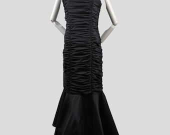 Vintage 1980s Black Ruched Fishtail Cocktail Dress Formal Gown Floor Length Mermaid GLAM M