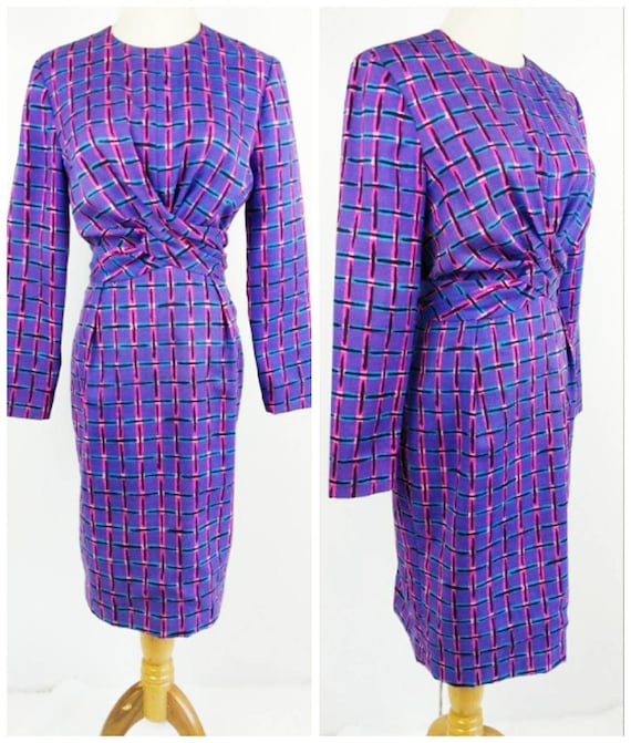 Vintage 60s MOD Geometric Wrap Wiggle Dress Purpl… - image 1