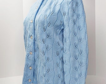 Vintage 1960s Cardigan Sweater French Blue Botanical Weave Granny Cottage Core