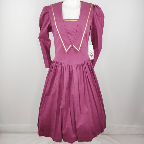 Vintage NWT 1980s Sailor Dress Plum Cord Gold Tri… - image 2