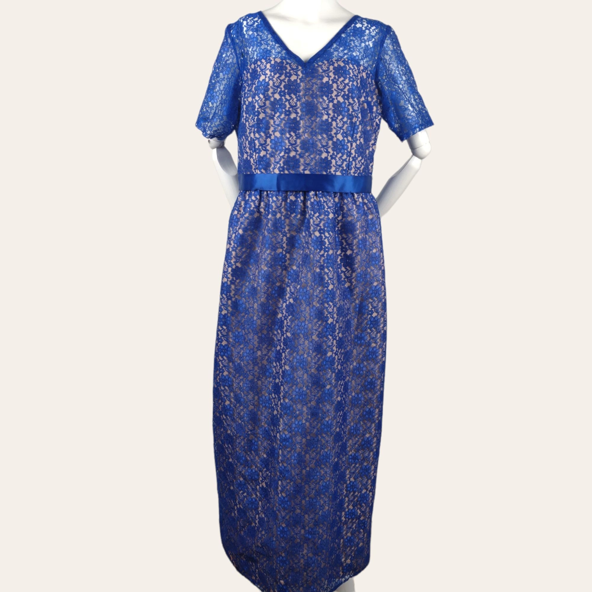 Vintage 1960s Sapphire Lace Cocktail Dress MOD MCM Hostess Dress Jewel Blue Maxi Length M