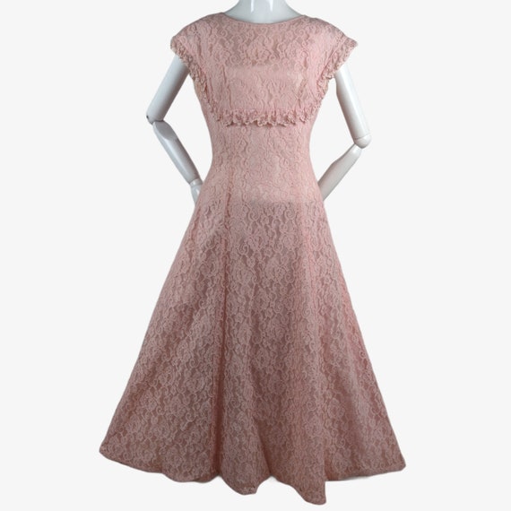 Vintage 1960s Pink Lace Party Dress Ruffle Bodice… - image 1