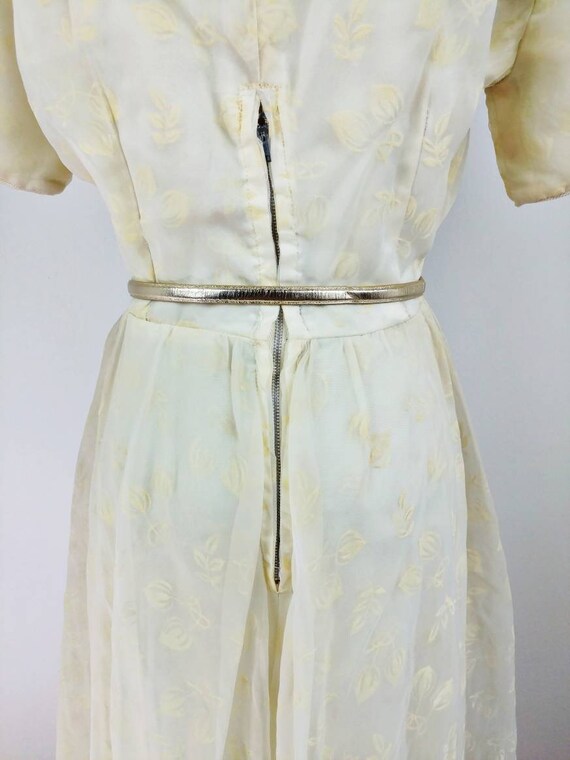 Vintage 50s Ivory Organza Floral Flock Party Dres… - image 8