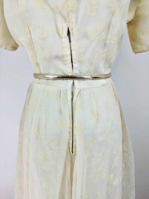 Vintage 50s Ivory Organza Floral Flock Party Dres… - image 8