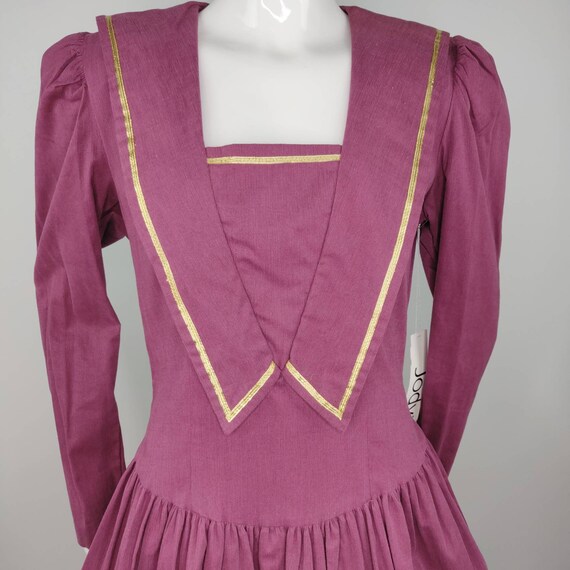 Vintage NWT 1980s Sailor Dress Plum Cord Gold Tri… - image 3