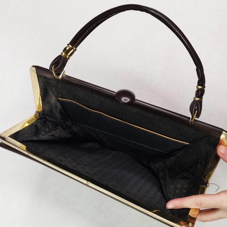 Vintage 1960s 70s Leather Frame Purse Handbag Two Tone Brown Top Handle MOD M image 7