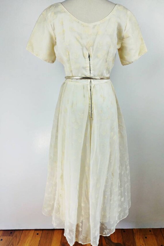 Vintage 50s Ivory Organza Floral Flock Party Dres… - image 6