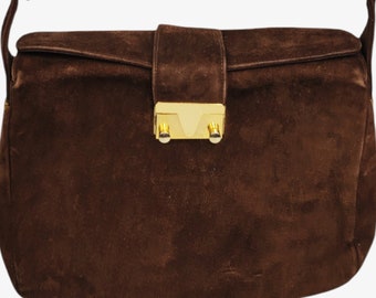 Vintage 1970 80s  Brown Suede Satchel Shoulder Bag Gold Tone Hardware Flap Top GROOVY BOHO Hippie Saddle Bag