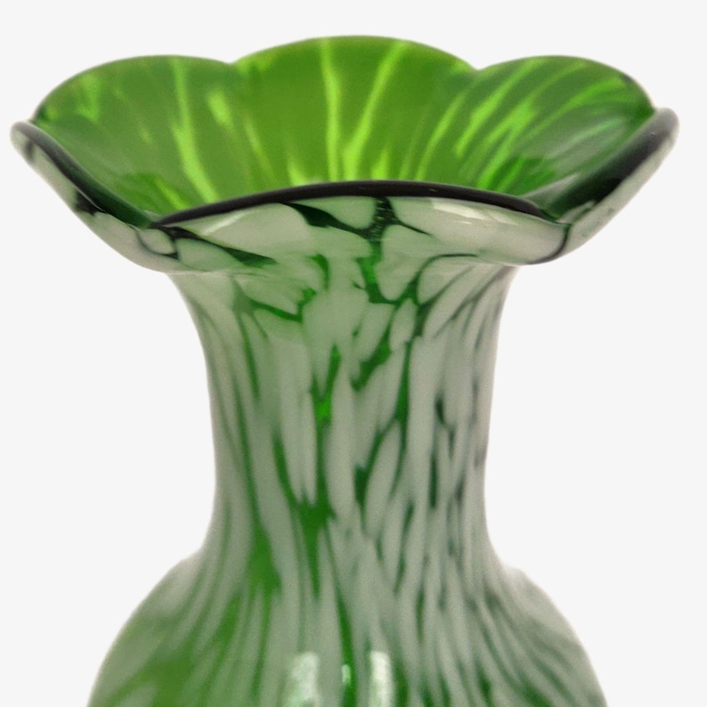 Vintage MCM Hand Blown Green Confetti Glass Vase Ruffle Top Round Body