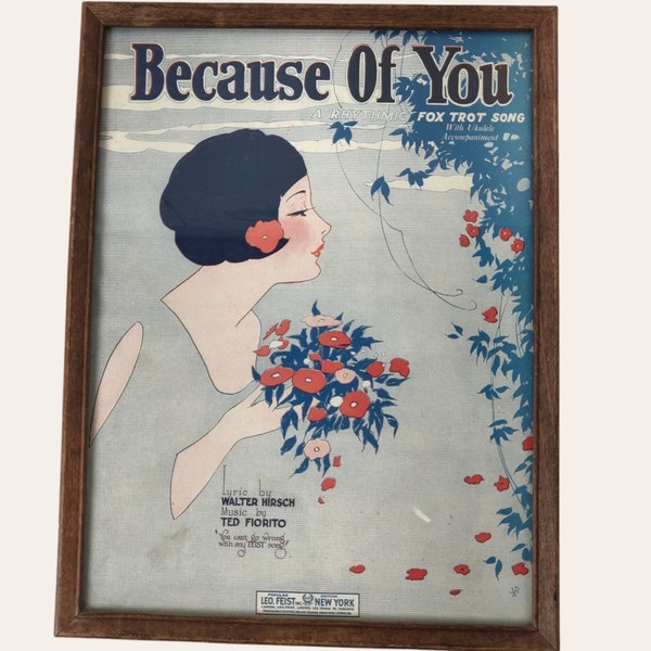 Vintage 1925 Because of You Sheet Music Frame Art Deco Print Flapper Fox Trot Hirsch Fiorito