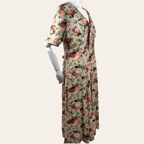 Vintage 1990s Floral Garden Roses Dress Rayon Tie… - image 7