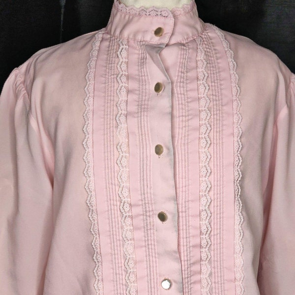 Vintage 1960s Pink Pleat & Lace Secretary Blouse Geek Chic Kawaii Pastel Button Down Top M