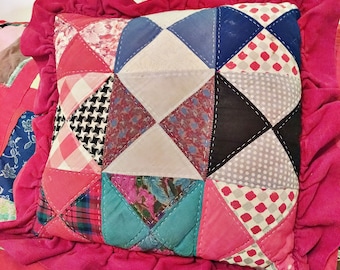 Vintage Patchwork Ruffle Pillow Bright Red Groovy Prints Flowers Stars Check BOHO Cottage Core