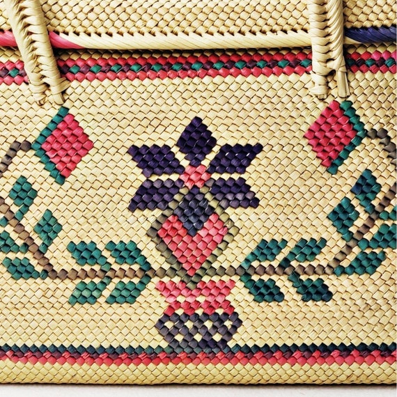 Vintage 1970s 80s Floral Straw Woven Market Bag w/ Li… - Gem