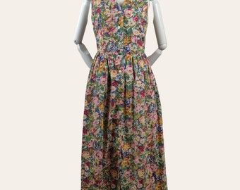 Vintage 1980s 90s Garden Floral Jumper Dress Buttons Roses Cottage Core Soft Girl 4