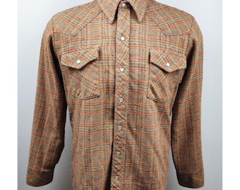 Jahrgang 1960 70er Jahre Herren westlichen Wolle Shirt Erde Ton plaid PEARL SNAPS westlichen Nähte & Akzente M