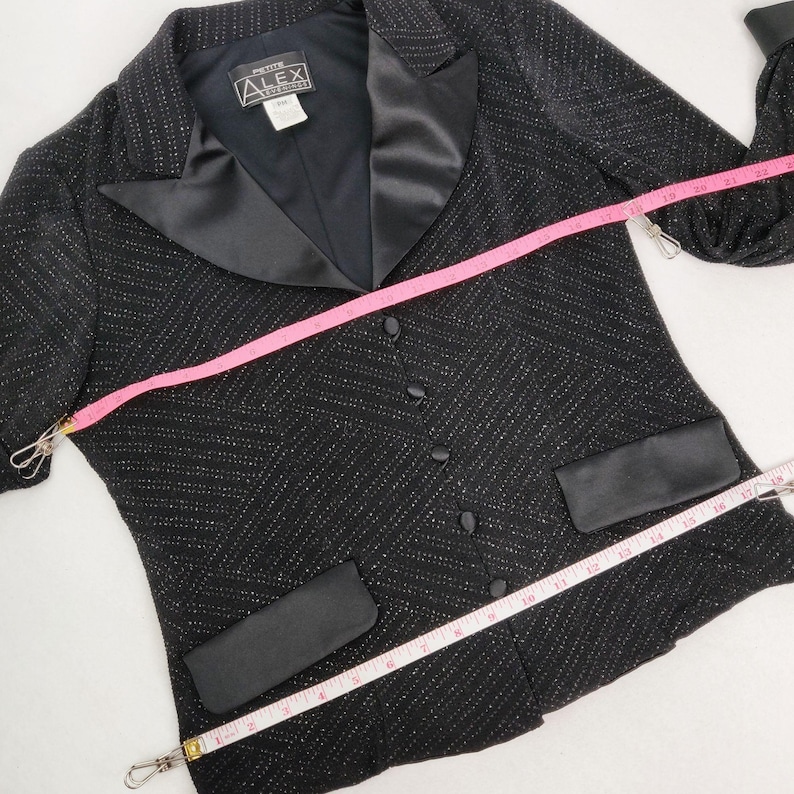 Vintage 1980s 90s Alex Evening Black Jacket Silver Sparkles Satin Cuffs Pocket Flaps Buttons DISCO RAD PM