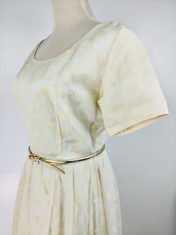 Vintage 50s Ivory Organza Floral Flock Party Dres… - image 5