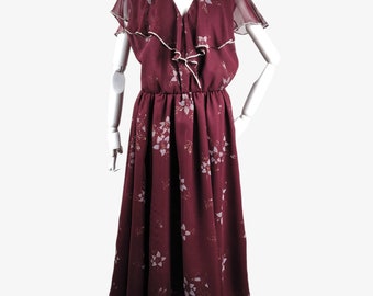Vintage 1970s Romantic Sheer Ruffle Dress Burgundy Floral Rhinestone Trim Disco Dream
