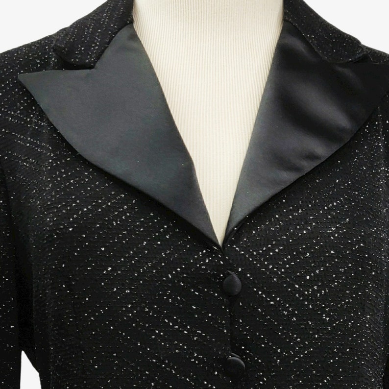 Vintage 1980s 90s Alex Evening Black Jacket Silver Sparkles Satin Cuffs Pocket Flaps Buttons DISCO RAD PM