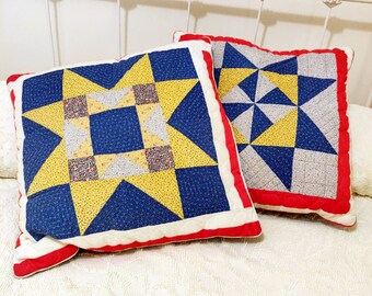 Vintage Quilt Block Pillows PAIR 2 in Primary Blue Yellow Red Stars Calico Floral Cottage Core 21"