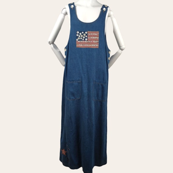 Vintage 1990s Denim Flag Quilt Jumper Dress Sheat… - image 1
