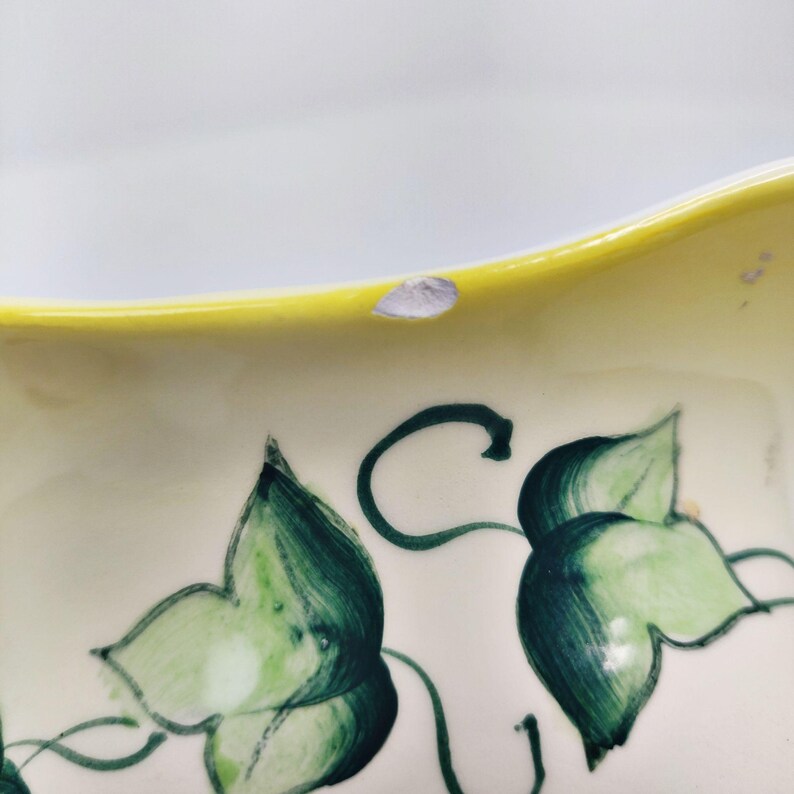 May include: A white ceramic serving dish with a yellow rim and green ivy painted on the surface. The dish has a small chip on the rim.
