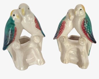 Vintage Morton Arte Pottery Lovebird Plantaers Pair Set de DOS MCM Bird Vase Set Tortolitos Pericos