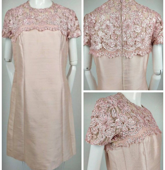 Vintage 60s Pink Silk Shimmer Sheath Party Dress … - image 1