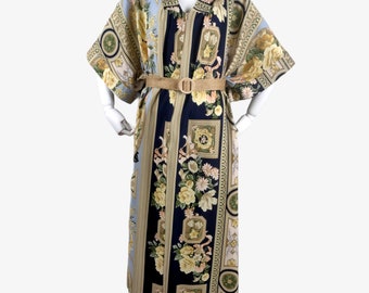 Vintage 1970s 80s renascentista impressão roupão lounge robe sedoso rico ouro scroll rosas os