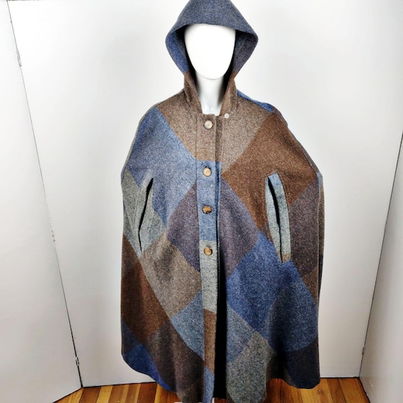 Vintage 1960s Wool Large Check Cape Coat Long Blue Brown