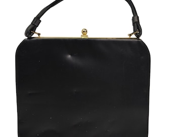 Vintage 1960s Black Shiny MOD Purse Handbag Patent Leather Square Gold Metal Frame Clasp Top Handle GOGO PinUp