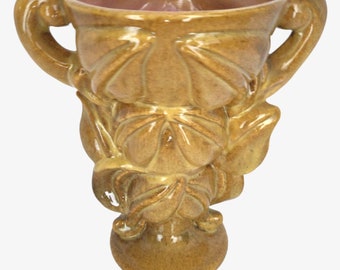 Vintage Gonder Keramik H-77 Doppel Griff Blatt & Rebe Vase MCM 1940er Jahre Antik Gold rosa