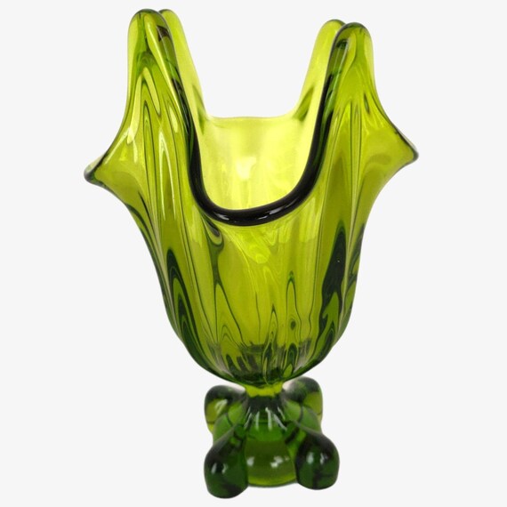 Vintage MCM 8" Green Viking EPIC Swung Glass Handkerchief Vase 4 Corner Base 60s Stretch Glass
