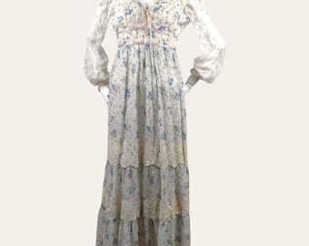 Vintage 1970s Floral Prairie Dress Lace Bodice Sheer Overlay Lace Sleeves San Francisco Style 5