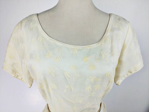 Vintage 50s Ivory Organza Floral Flock Party Dres… - image 3