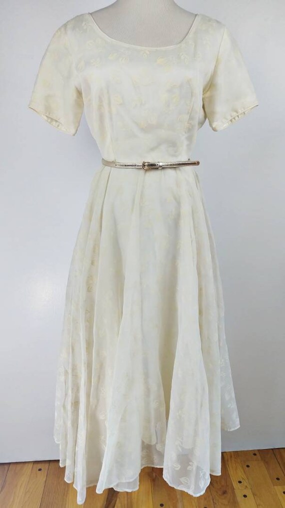 Vintage 50s Ivory Organza Floral Flock Party Dres… - image 2