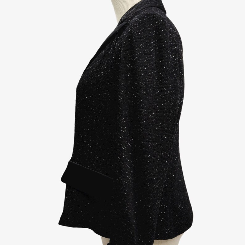 Vintage 1980s 90s Alex Evening Black Jacket Silver Sparkles Satin Cuffs Pocket Flaps Buttons DISCO RAD PM