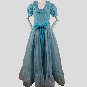 Vintage 1970s Azure Blue Flock Ball Gown Southern Belle Ruffles Cinderella Princess Core M