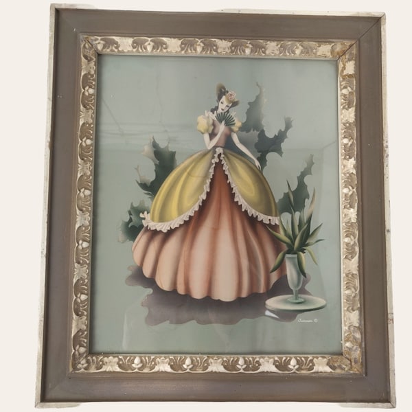 vintage années 1940 Turner Victorian Lady Lithograph Print Southern Bell w Fan Pastel Blue Pink 15 »