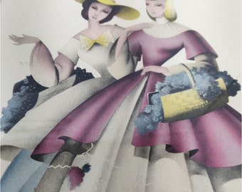 Vintage Victorian Ladies c1940s Bernard Style Airbrush Litho SET 2 Framed Pink Matt Pastel 13"