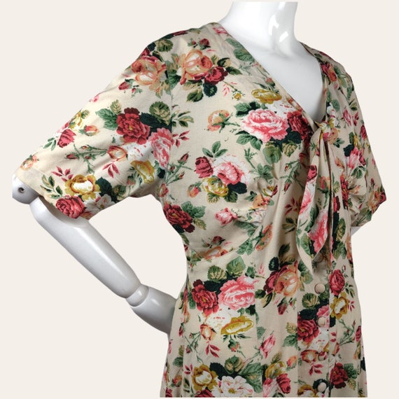 Vintage 1990s Floral Garden Roses Dress Rayon Tie… - image 8