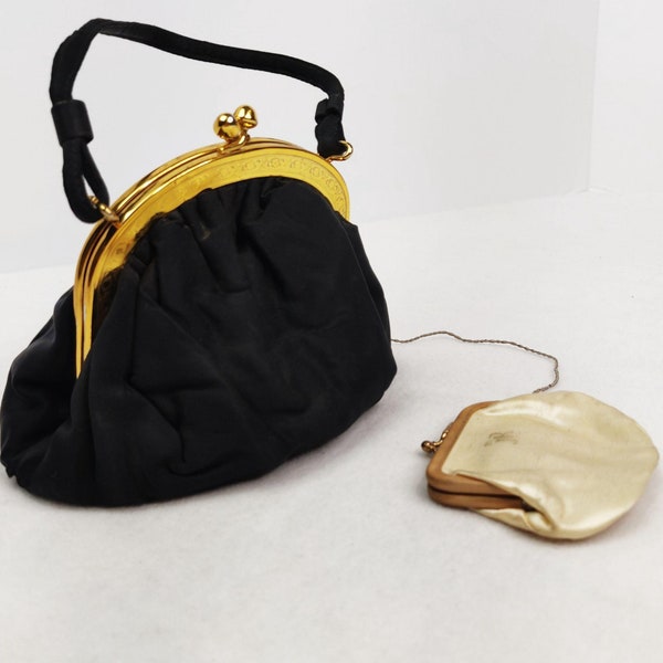 Vintage 1940s DECO Style Soft Black Evening Bag Clutch Attached Chantelle Change Purse Gold Frame