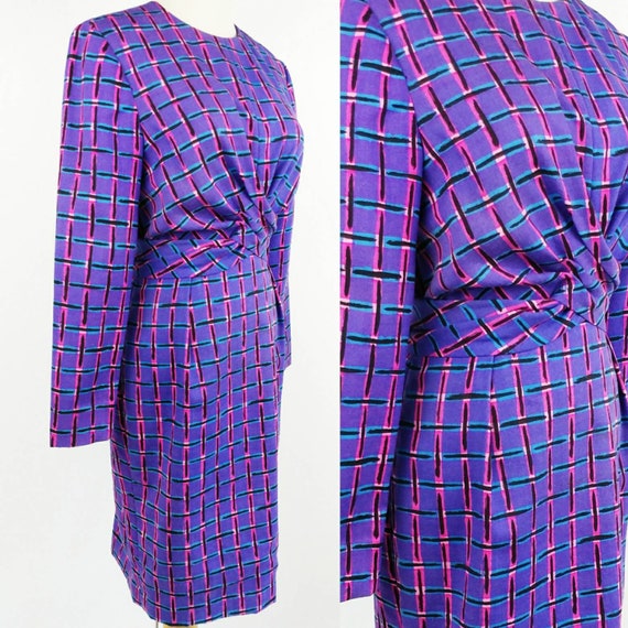 Vintage 60s MOD Geometric Wrap Wiggle Dress Purpl… - image 4