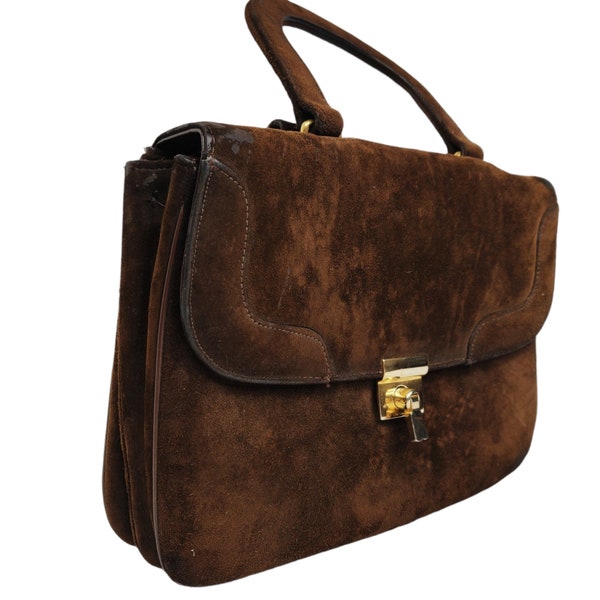 Vintage 1970s Brown Suede Briefcase Purse Handbag Gold Tone Hardware Top Handles MOD Square BOHO