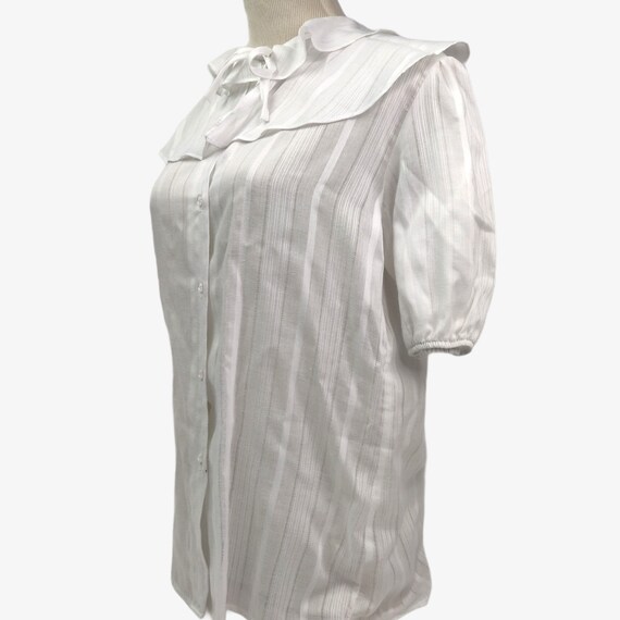 Vintage 1960s White Ruffle Blouse Texture Stripes… - image 4