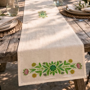 May include: Cream-colored table runner with a floral design in green, blue, yellow, and pink. The runner is made of a natural-looking fabric and is placed on a wooden table, perfect for a dining room or kitchen.