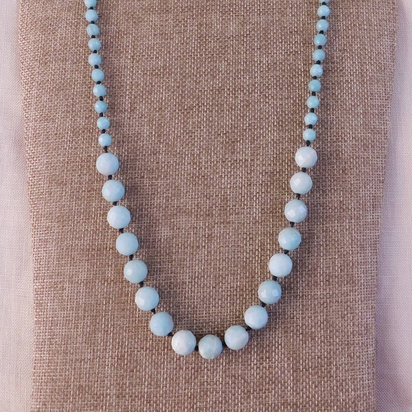 African Blue Agate Bead Necklace, Graduated in Size, Faceted & Knotted Between, Beaded Agate Necklace, Stone Jewelry, African Blues