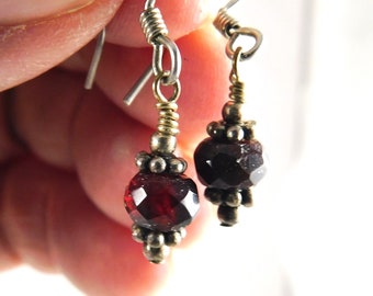 Faceted Garnet Earrings, Bohemian Style Garnet Earrings, Garnet and Silver Earrings