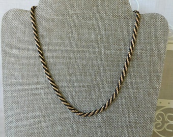 Trifari 30 Inch Gold & Black Braided Twist Necklace, Trifari Chain and Silk Necklace, Chain Necklaces, Trifari Jewelry, Gold Jewelry